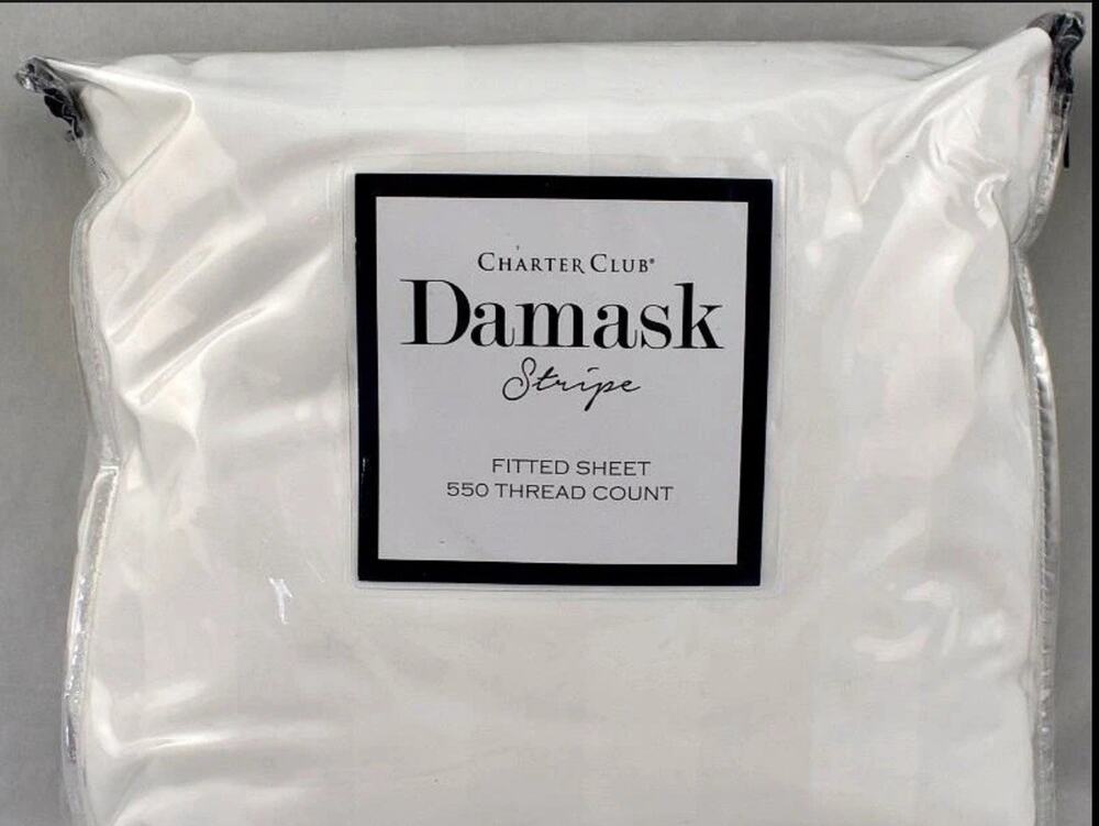Charter Club Damask Stripe 550 Thread Count KING Fitted Sheet White